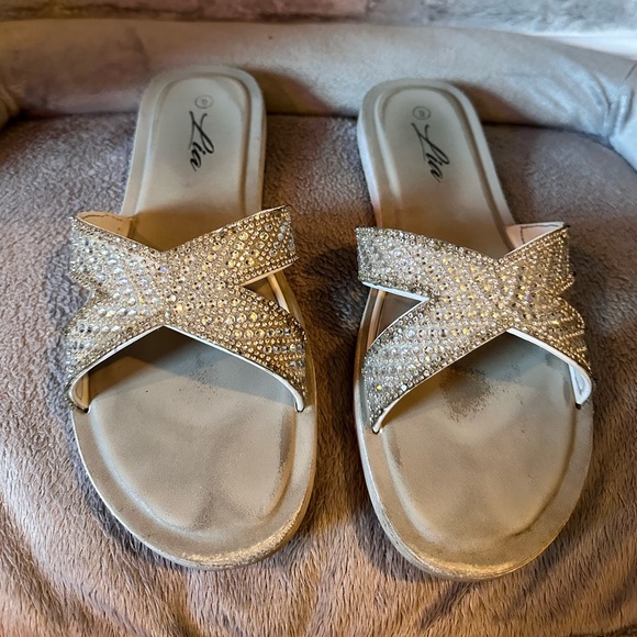 Rhinestone covered X band slide sandals with memory foam base size 9 - Picture 1 of 8